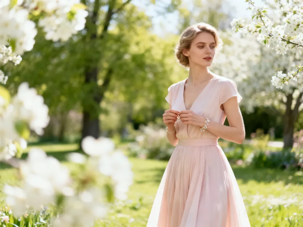 Elegancka kobieta w pastelowej sukience midi w wiosennym ogrodzie, prezentująca stylizację idealną na komunię.