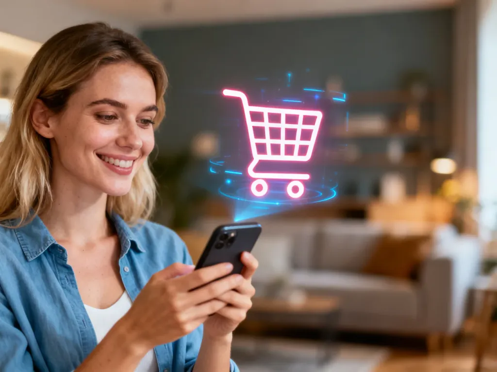 Uśmiechnięta kobieta przeglądająca ofertę sklepu internetowego na smartfonie w przytulnym salonie.