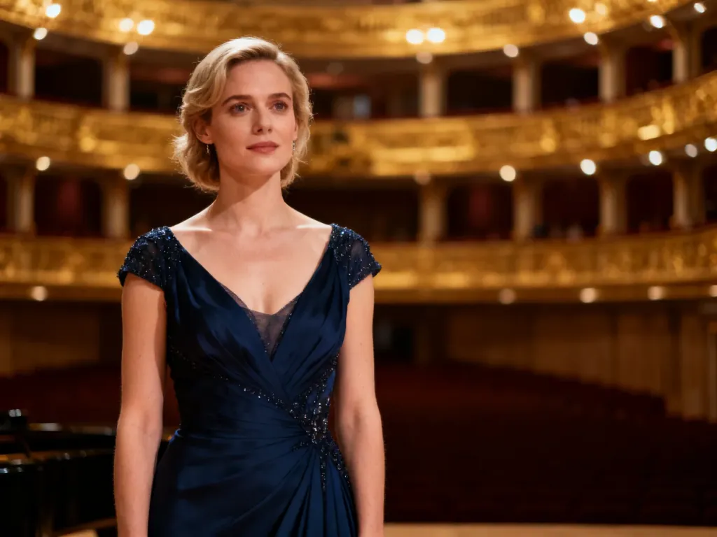 Elegancka kobieta w wieczorowej sukni na tle wnętrza filharmonii, prezentująca stylizację odpowiednią na koncert.