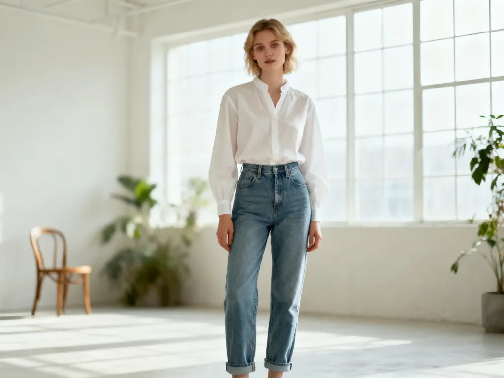 Kobieta w spodniach typu mom fit i białej bluzce, prezentująca stylizację w jasnym, minimalistycznym wnętrzu.