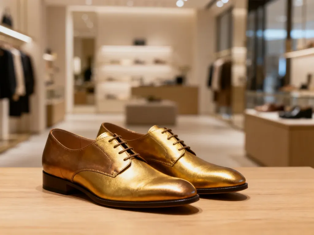 Eleganckie skórzane buty na drewnianym podłożu, prezentujące stylizację w kontekście wyboru odpowiedniego rozmiaru obuwia.