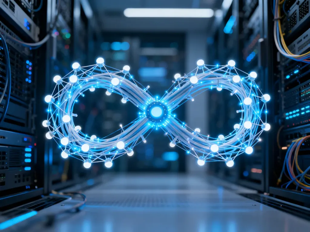 Cyfrowa sieć połączeń w formie symbolu nieskończoności, reprezentująca zaawansowaną infrastrukturę technologiczną.