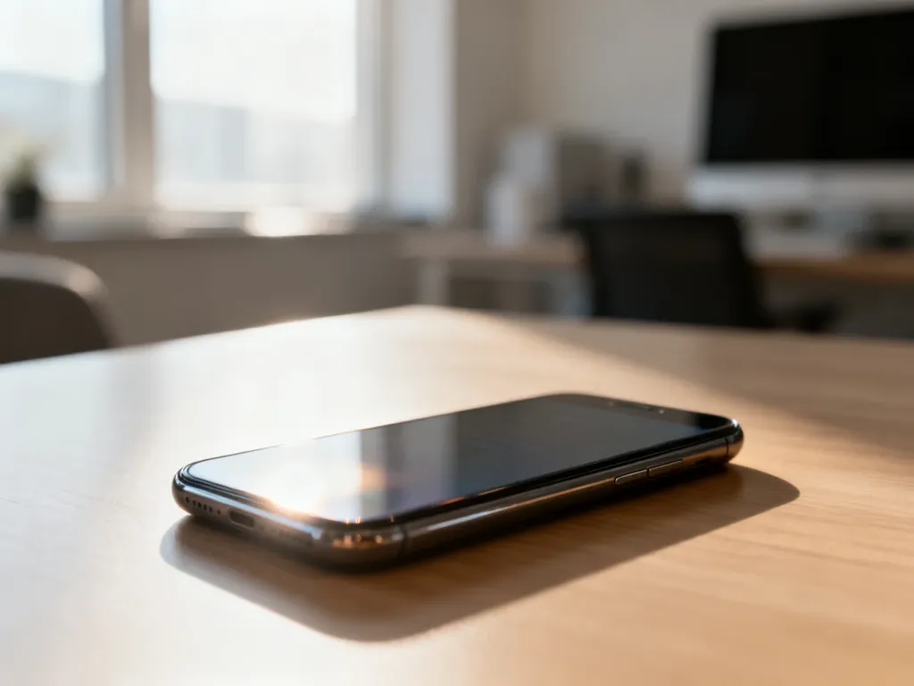 Nowoczesny smartfon Realme leżący na minimalistycznym biurku w słonecznym biurze domowym.