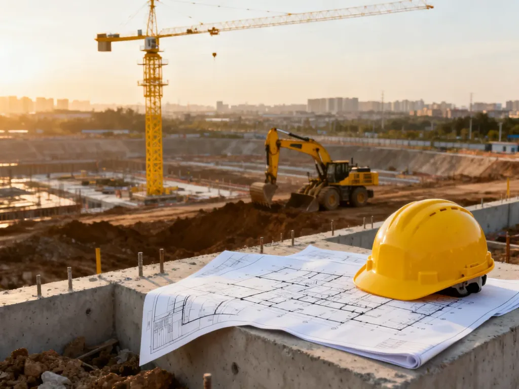 Nowoczesny plac budowy z dźwigami, kaskiem i planami architektonicznymi, obrazujący skalę działalności firmy Porr.