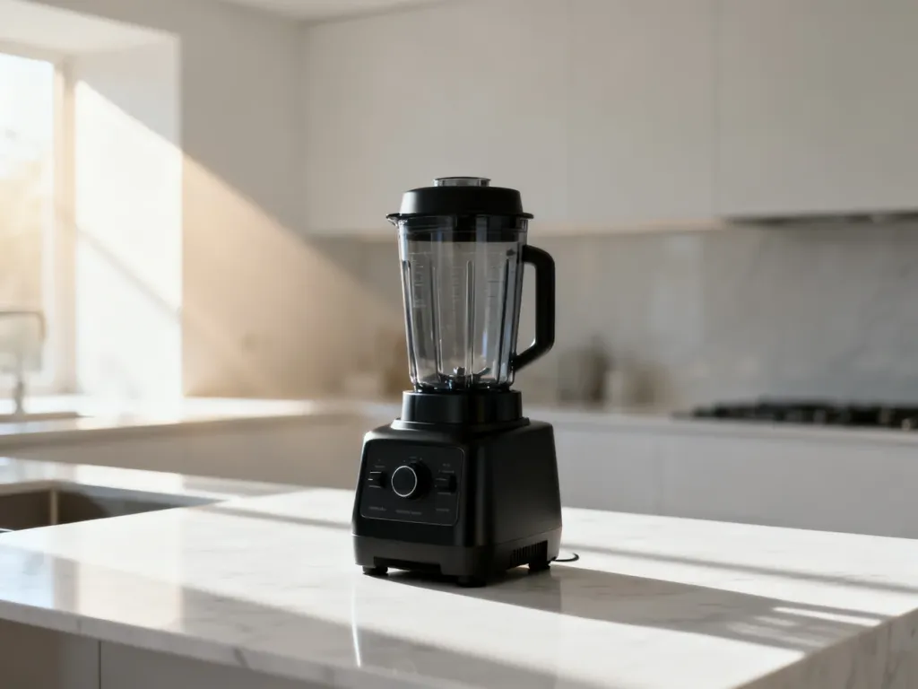 Nowoczesny blender marki Ninja ustawiony na marmurowej wyspie kuchennej w jasnej, minimalistycznej kuchni.
