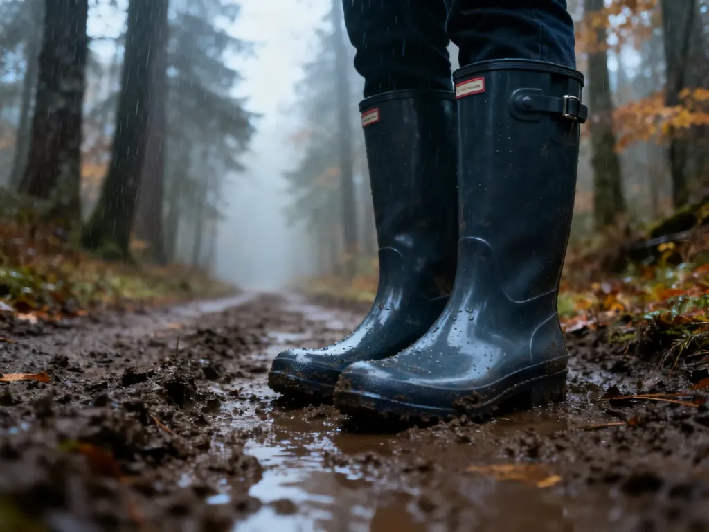Klasyczne kalosze Hunter stojące na błotnistej leśnej ścieżce w jesienny, mglisty poranek.