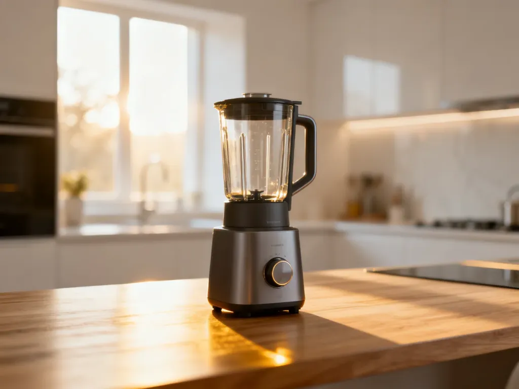 Nowoczesny blender Mozano na drewnianym blacie w jasnej, stylowej kuchni.