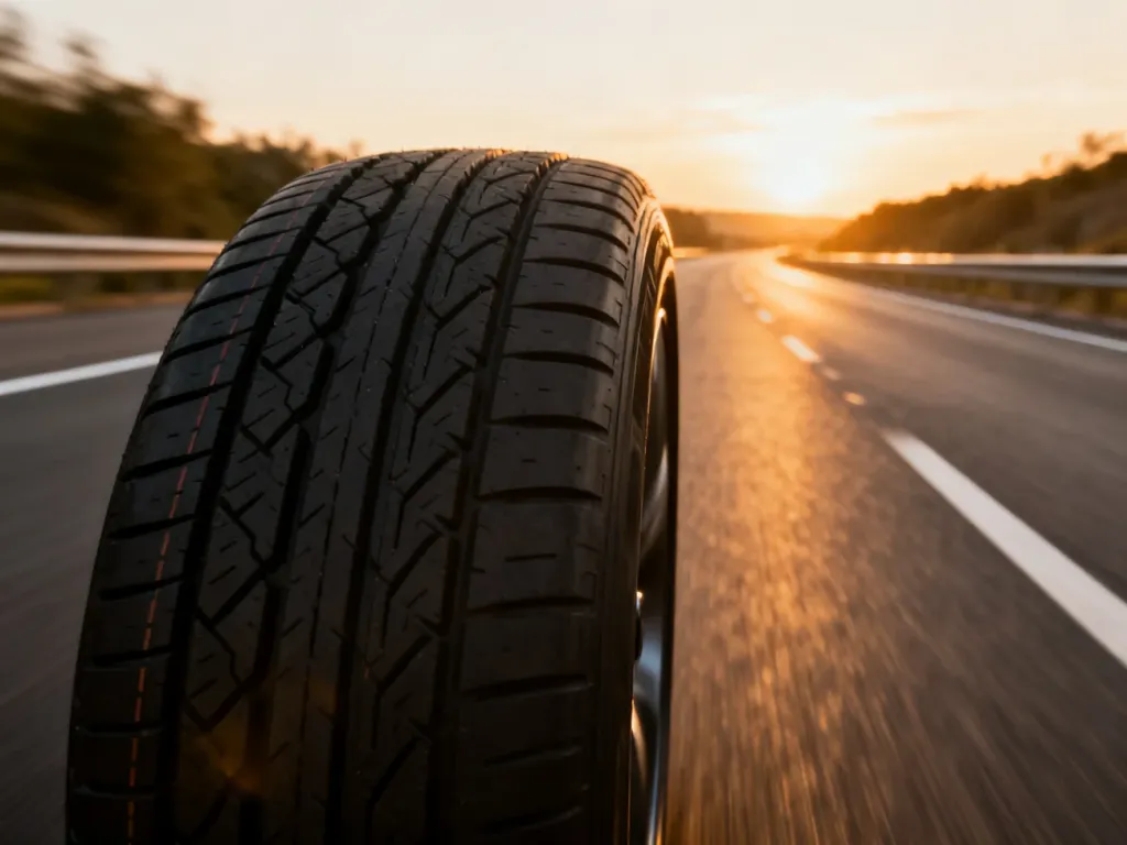 Zbliżenie na bieżnik opony samochodowej na tle rozmytej autostrady o zachodzie słońca, podkreślające dynamikę jazdy.