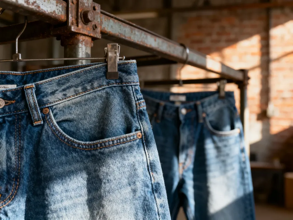 Para wysokiej jakości jeansów z surowego denimu zawieszona na industrialnym wieszaku w loftowym wnętrzu.