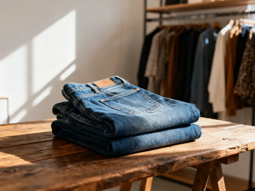 Starannie złożone jeansy na drewnianym stole w studiu mody, podkreślające wysoką jakość odzieży marki Jack & Jones.