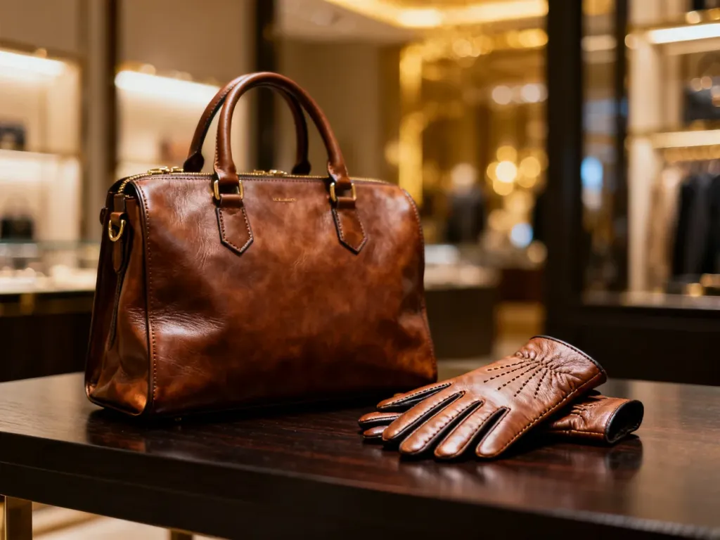 Luksusowa skórzana torebka i eleganckie rękawiczki na drewnianym stole, podkreślające wysoką jakość produktów marki Ochnik.