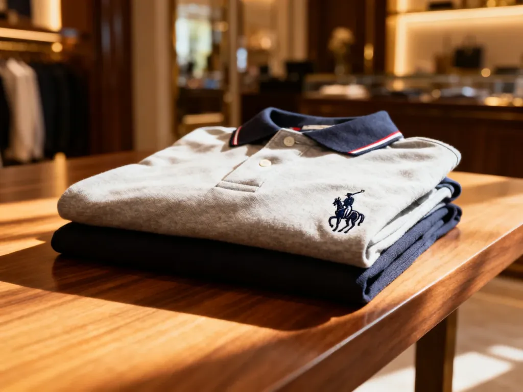 Złożona koszulka polo marki U.S. Polo Assn. z wyraźnym logo na drewnianym stole w eleganckim wnętrzu butiku.
