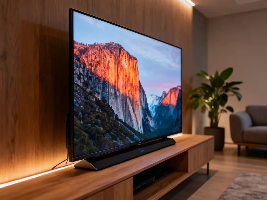 Nowoczesny telewizor Hisense 4K w przytulnym salonie, prezentujący wysokiej jakości obraz na minimalistycznej ścianie.